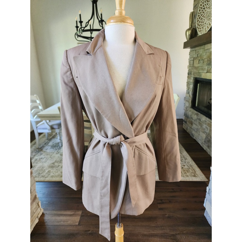 Vintage 100% Pure Wool Wrap Blazer Jacket Tan Beige Belted Made in USA